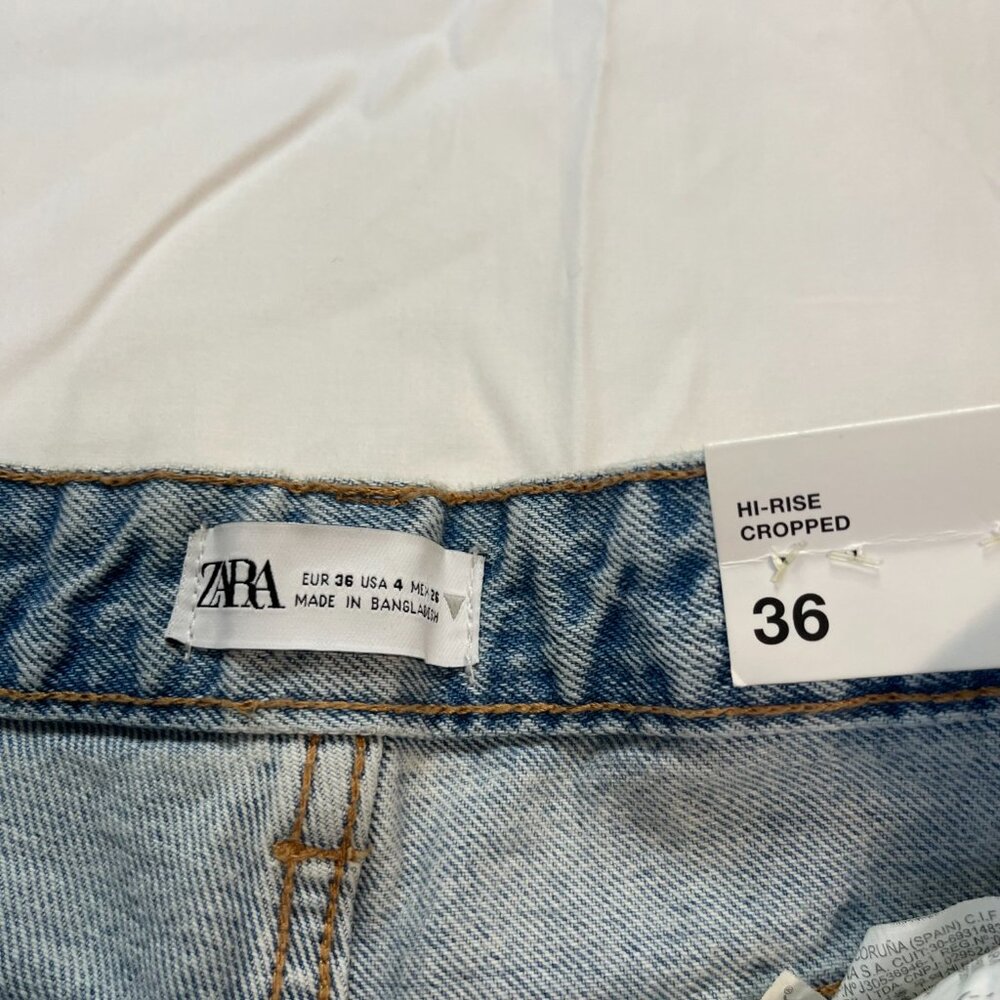 Zara Hi-Rise Cropped Wide Leg Distressed Light Wash Denim Jeans | Size 4 - Picture 4 of 10